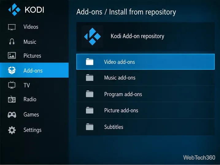 Écran d'installation de Kodi depuis le dépôt affichant le dépôt d'extensions Kodi et les extensions vidéo