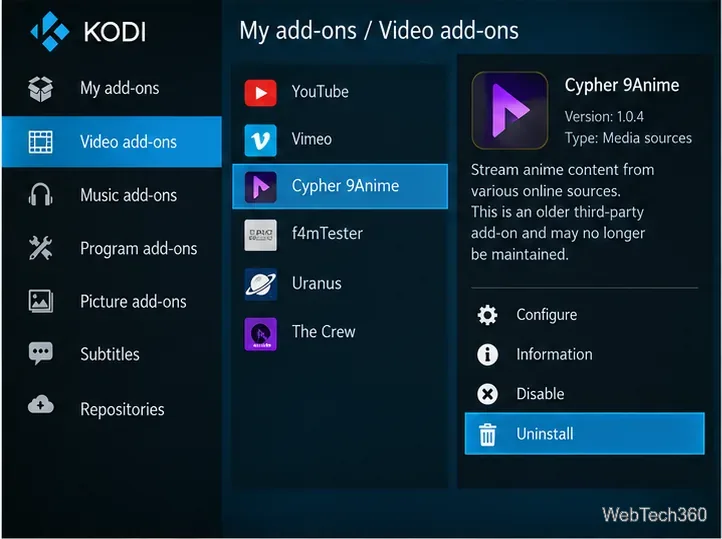 Exemple d'écran « Mes extensions » de Kodi : extensions vidéo avec Cypher 9Anime sélectionné et l'option « Désinstaller » mise en évidence.