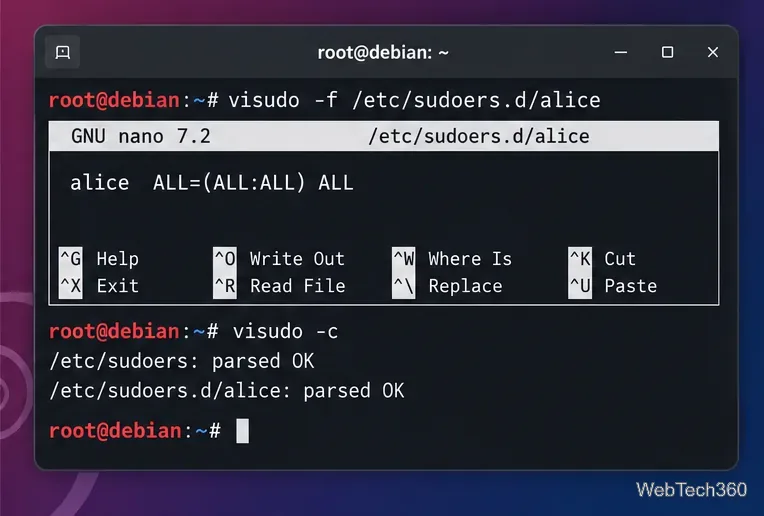 Debian terminal using visudo to edit a file in /etc/sudoers.d and validate sudoers syntax