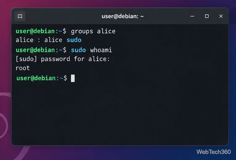 Debian terminal verifying sudo group membership and running sudo whoami
