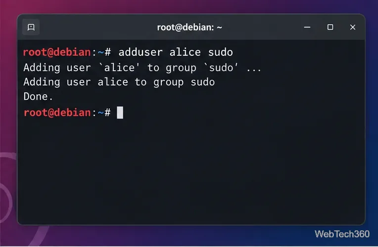 Debian terminal adding the user alice to the sudo group with adduser