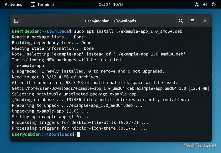 Debian Terminal showing a successful sudo apt install command for a local deb package