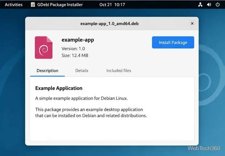 GDebi Package Installer window showing an example Debian package and Install Package button