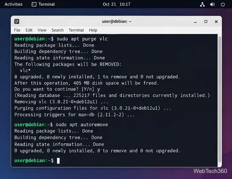 Debianターミナルにapt purgeとapt autoremoveが表示されている。