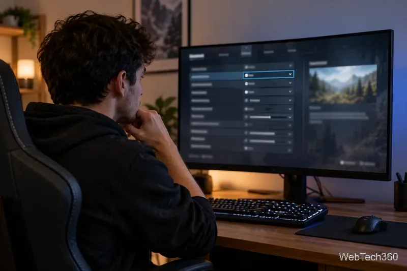 A player studies a graphics settings screen with a renderer option highlighted on the monitor.