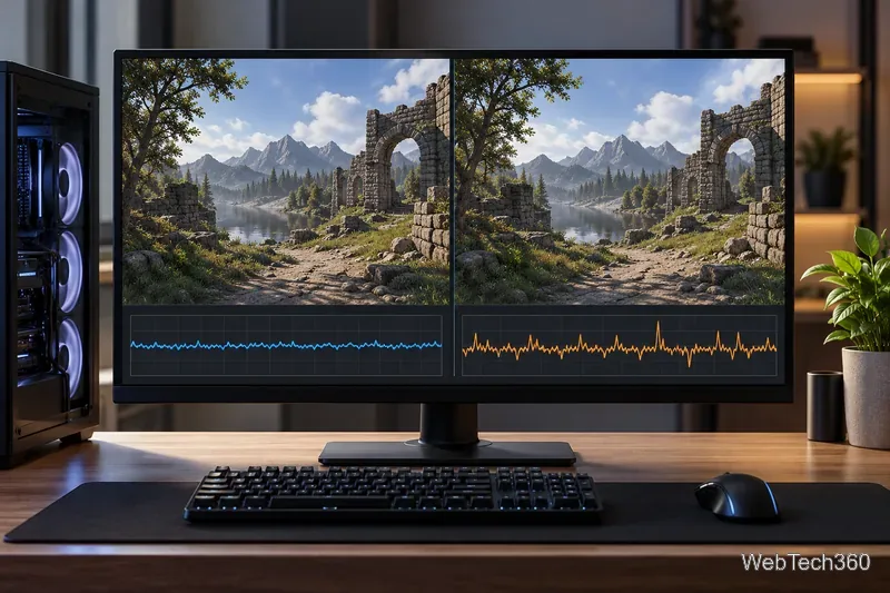 Two matching game scenes appear side by side above different illustrative frame-time traces on one monitor.