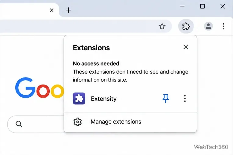 Meniul barei de instrumente a extensiilor Chrome cu extensie și un control PIN