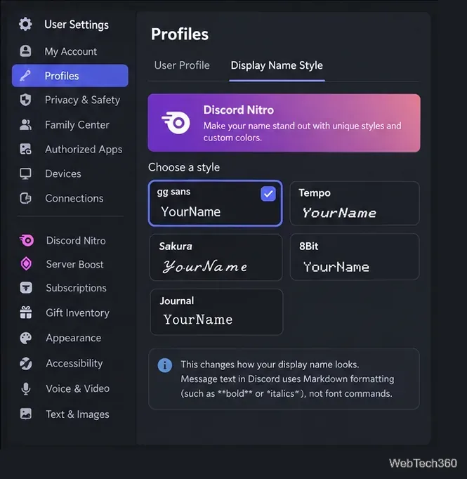 Discord-ähnliche Profileinstellungen mit den Schriftartoptionen für den Nitro-Anzeigenamen, darunter gg sans, Tempo, Sakura, 8Bit und Journal.