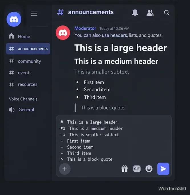 Ankündigungsnachricht im Discord-Stil mit Überschriften, kleinerem Untertext, einer Stichpunktliste und einem Blockzitat