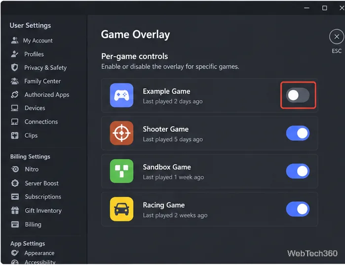 Пример страницы игрового оверлея в Discord, показывающий отключенный переключатель оверлея для одной игры.