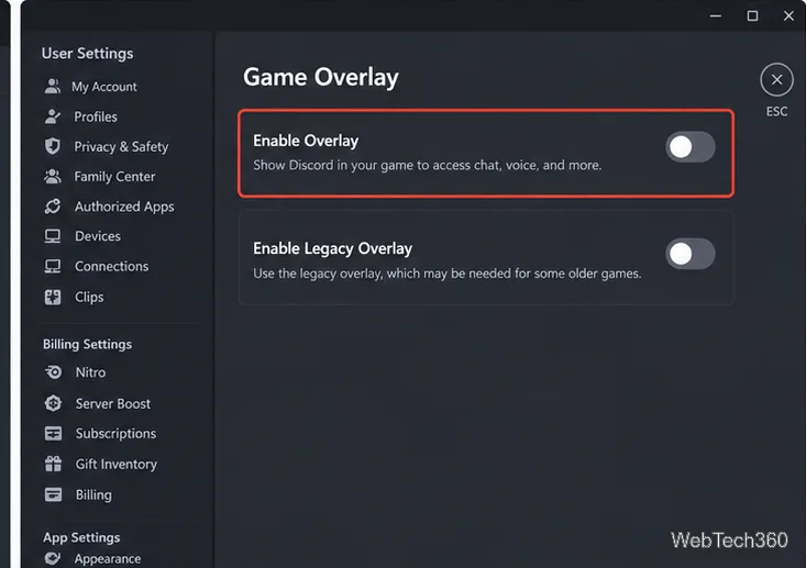 Настройки оверлея игр Discord с выключенным переключателем «Включить оверлей»