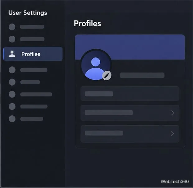 إعدادات مستخدم Discord مع تحديد علامة تبويب الملفات الشخصية في الشريط الجانبي.