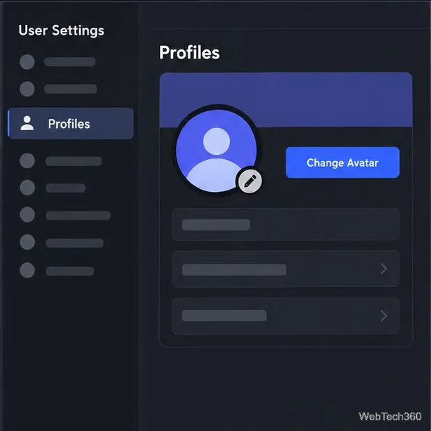 إعدادات ملفات تعريف Discord تُظهر زر تغيير الصورة الرمزية بجانب الصورة الرمزية الحالية.
