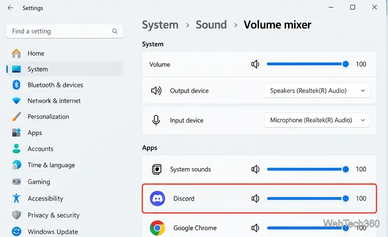 Windows 11 Volume mixer with the Discord app volume highlighted