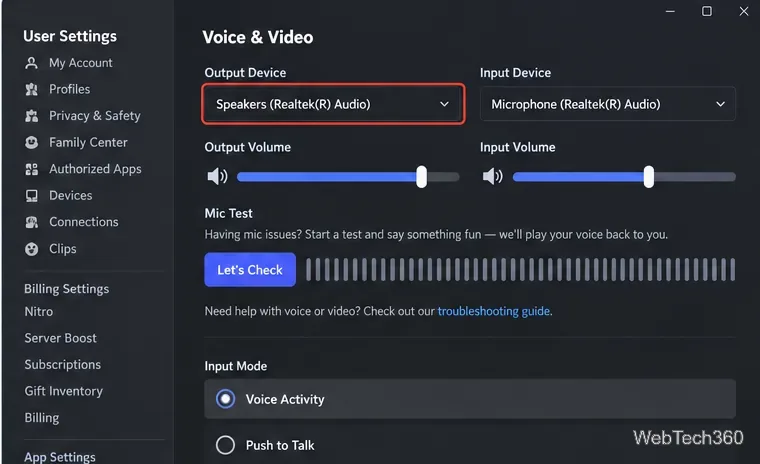 Discord Voice and Video settings with the Output Device menu highlighted