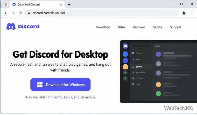 Official Discord download page with the Download for Windows button visible