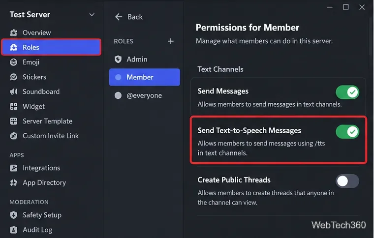 Discord channel role permissions with Send Text-to-Speech Messages enabled