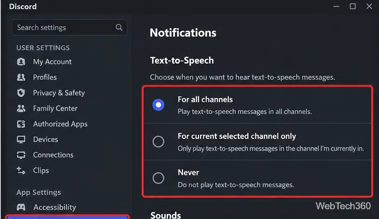 Discord Notifications settings showing Text-to-Speech options for all channels, the selected channel, or never
