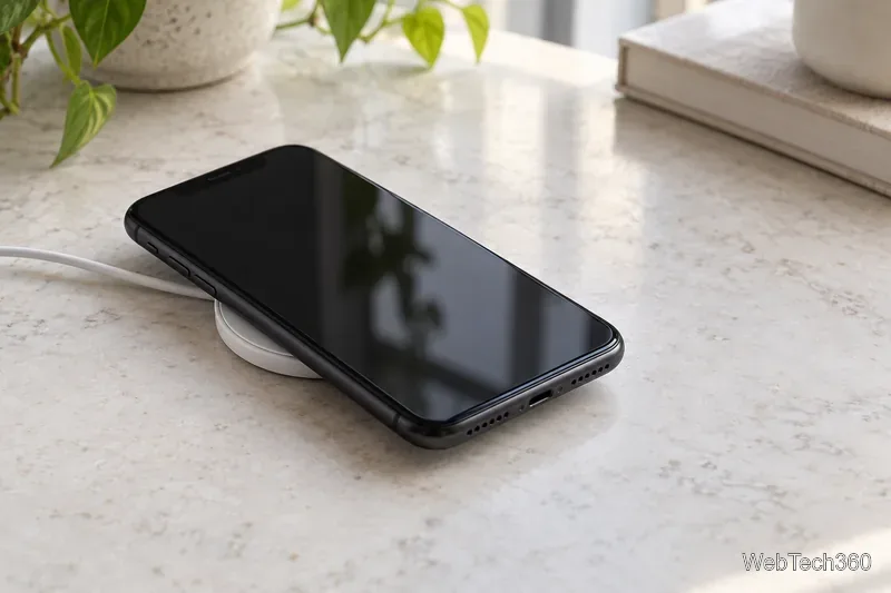 Телефон в стиле iPhone 11, лежащий на круглой беспроводной зарядной подставке.
