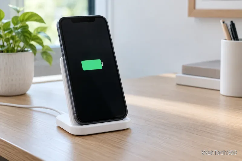 Телефон в стиле iPhone 11 установлен вертикально на беспроводной зарядной подставке стандарта Qi.