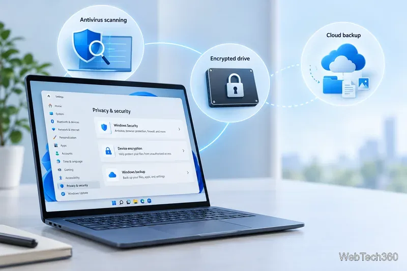 Um laptop com Windows 11 está conceitualmente conectado a três proteções distintas: verificação antivírus, unidade criptografada e backup na nuvem.