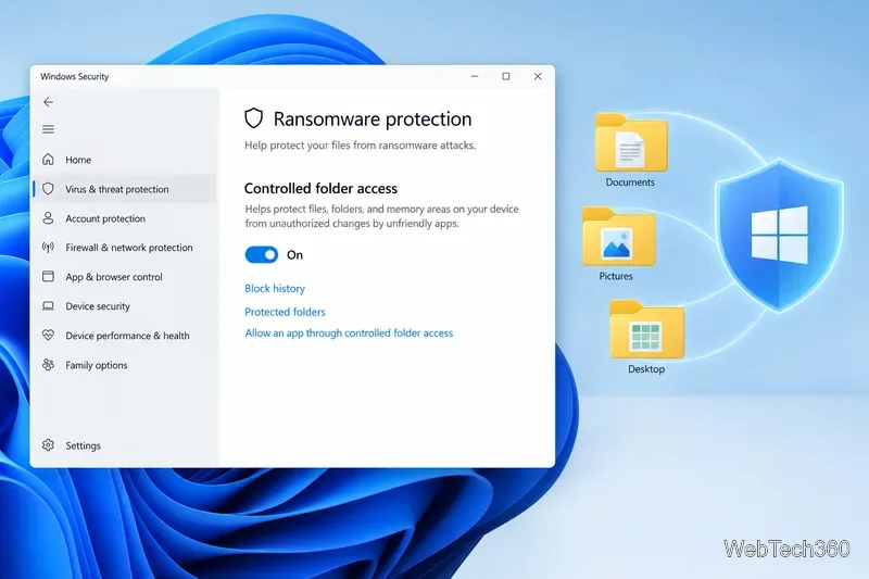 O painel de proteção contra ransomware do Windows Security mostra o Acesso controlado a pastas ativado ao lado das pastas protegidas Documentos, Imagens e Área de Trabalho.