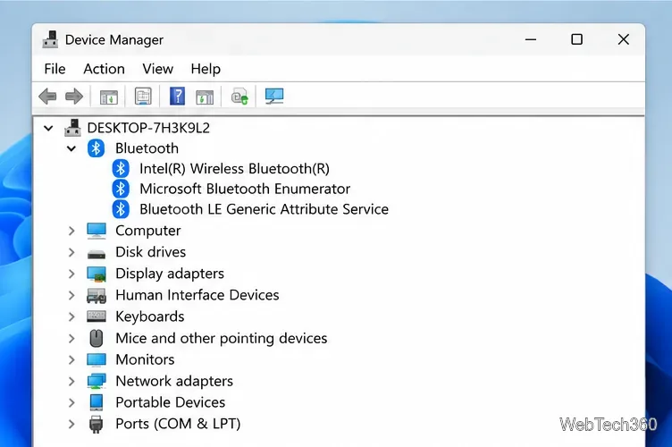 Windows Device Manager with the Bluetooth category expanded and a wireless Bluetooth adapter listed