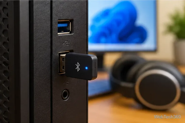 Compact USB Bluetooth adapter plugged into the front USB port of a desktop PC beside wireless headphones