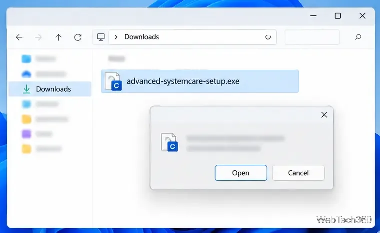 Dosar ilustrativ Windows Downloads cu opțiunea advanced-systemcare-setup.exe selectată și o solicitare Deschidere.