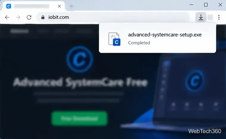 Panou ilustrativ de descărcare a browserului care afișează advanced-systemcare-setup.exe ca fiind finalizat.