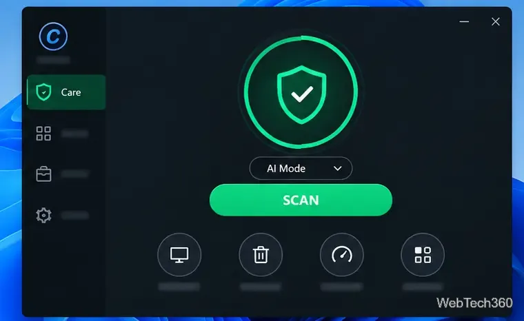 Ecran ilustrativ Advanced SystemCare 20 Care cu modul AI selectat și butonul SCANARE vizibil.