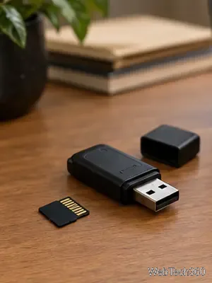 Карта microSD и устройство чтения карт рядом с компьютером, демонстрирующие тщательный просмотр архивных файлов телефона.