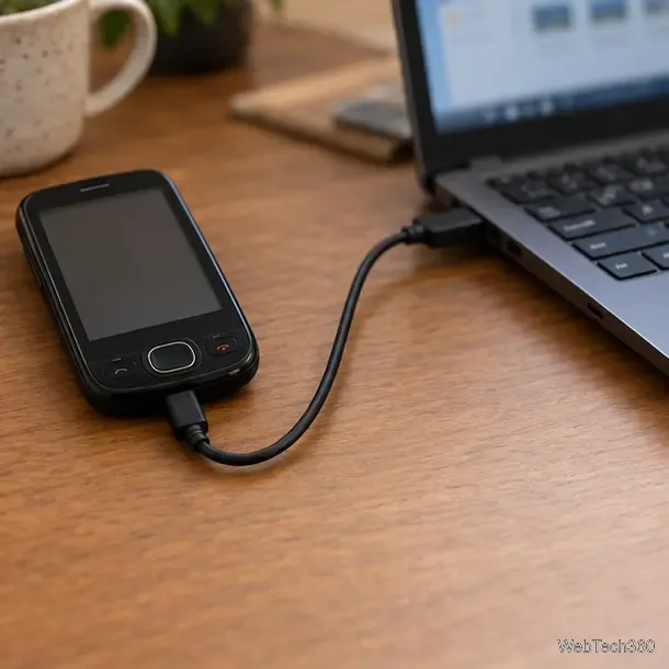 Старый телефон с сенсорным экраном подключен к компьютеру через USB-кабель во время резервного копирования личных данных.
