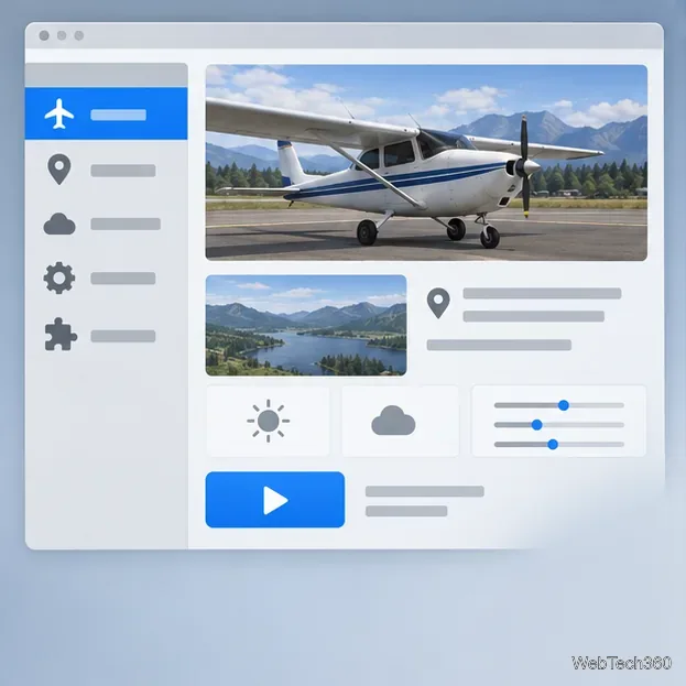 Un lanceur conceptuel de simulateur de vol affiche des icônes d'avions et de lieux, un aperçu de l'avion, des commandes environnementales et un bouton de démarrage du vol.