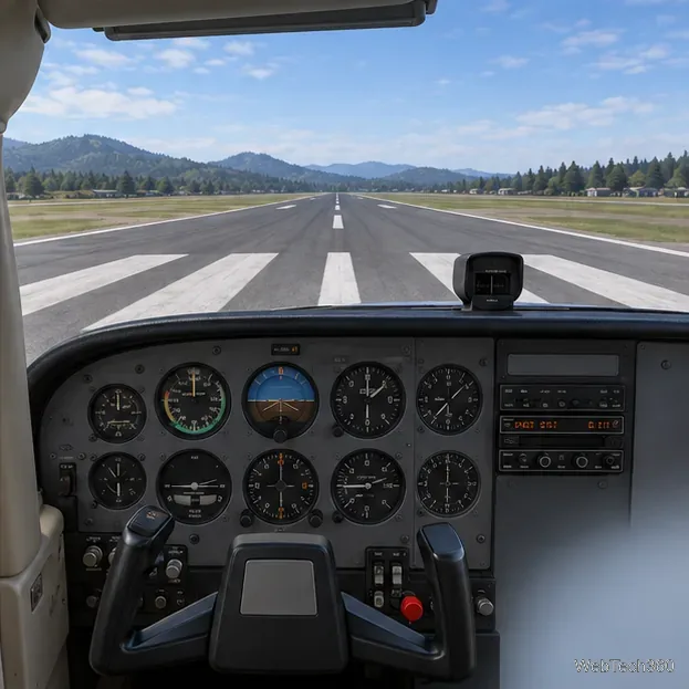 Vue depuis le cockpit d'un petit avion : instruments de vol analogiques, axe de piste et montagnes sous un ciel dégagé.