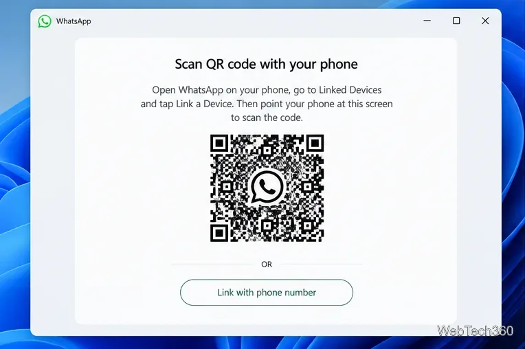 Экран входа в WhatsApp для Windows с QR-кодом и возможностью привязки к номеру телефона.