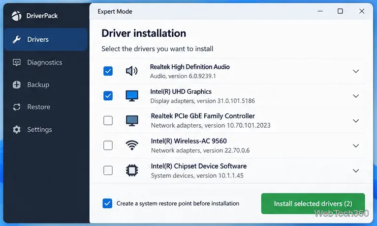 DriverPack Expert Mode showing individual audio, graphics, network, wireless, and chipset driver checkboxes
