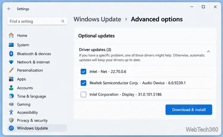 Windows 11 Optional updates page showing selectable network, audio, and display driver updates