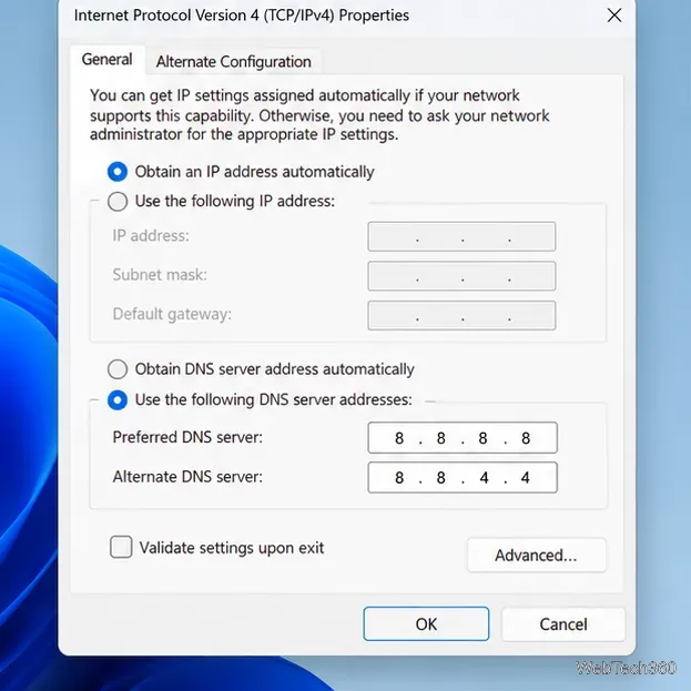 คุณสมบัติ IPv4 ของ Windows แสดงที่อยู่ DNS สาธารณะของ Google คือ 8.8.8.8 และ 8.8.4.4