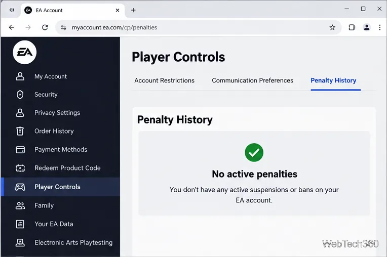 ตัวอย่างประวัติการลงโทษบัญชี EA ที่ใช้ตรวจสอบข้อจำกัดที่ยังใช้งานอยู่