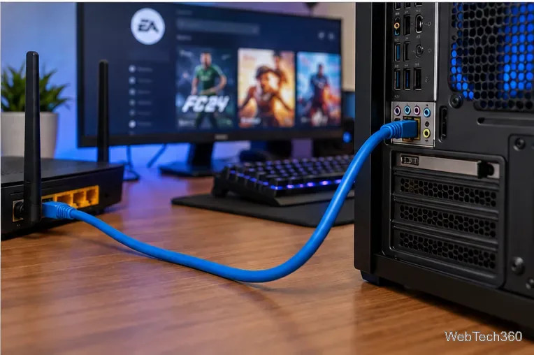 สายอีเธอร์เน็ตสีน้ำเงินที่เชื่อมต่อเราเตอร์เข้ากับพีซีสำหรับเล่นเกมโดยตรง