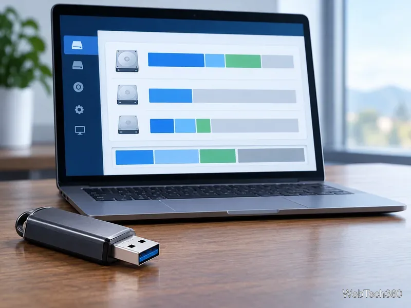Un computer portatile che mostra un'utility generica per la gestione dei dischi accanto a un'unità flash USB.