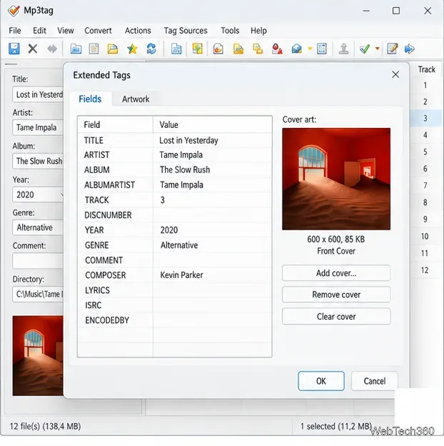 Caseta de dialog Mp3tag Extended Tags care afișează câmpuri de metadate comune și detaliate lângă controalele încorporate pentru coperta
