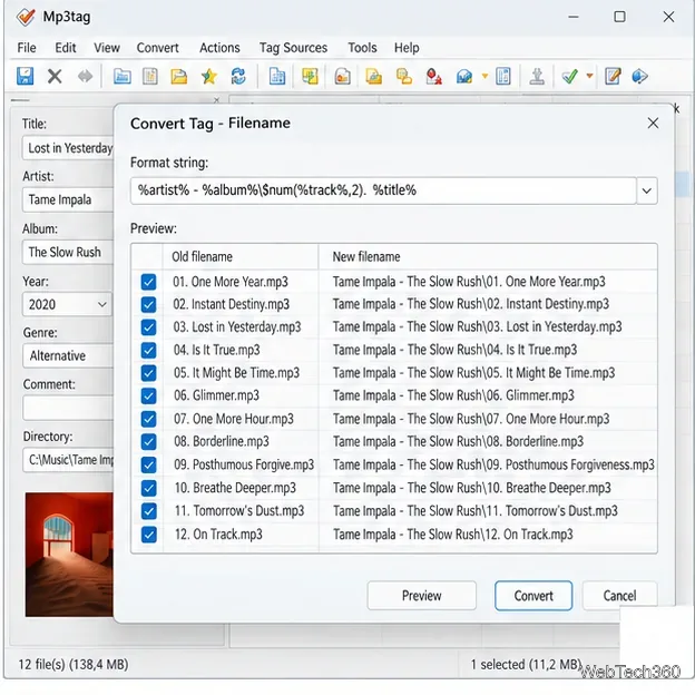 Convertor Mp3tag Tag to Filename care afișează un șir de format bazat pe tag-uri și previzualizarea numelor de fișiere propuse