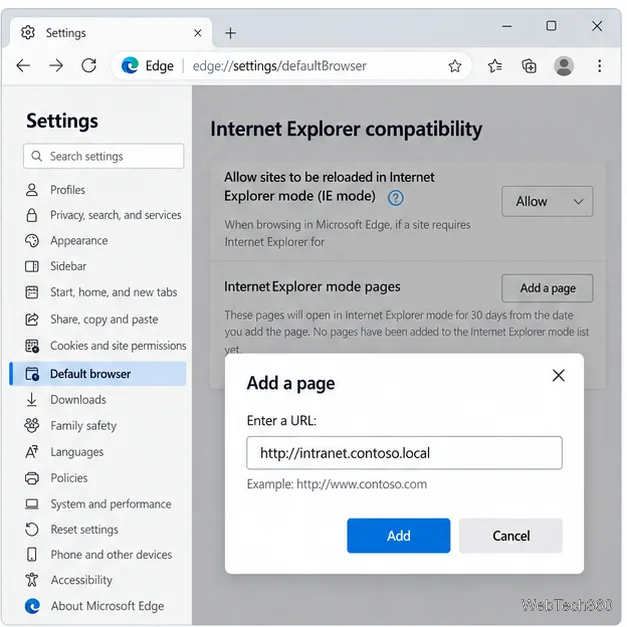 يقبل مربع حوار "إضافة صفحة" في متصفح Edge عنوان شبكة داخلية قديمة لقائمة صفحات وضع Internet Explorer