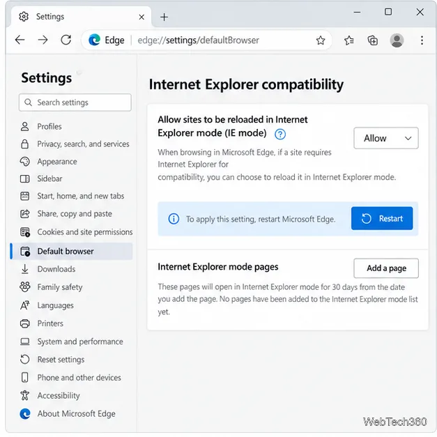 تُظهر إعدادات المتصفح الافتراضية في Microsoft Edge أن توافق Internet Explorer مُعيّن على "السماح" مع مطالبة بإعادة التشغيل.