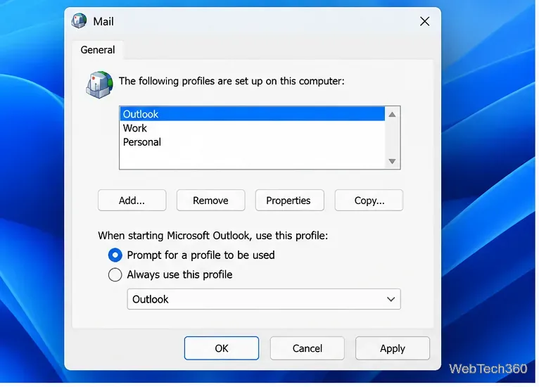 Классические настройки профиля почты Outlook с перечислением рабочих и личных профилей Outlook.
