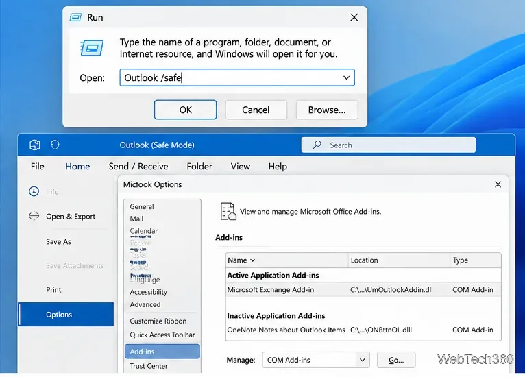 Диалоговое окно «Выполнить» в Windows с безопасной командой Outlook и классическими настройками надстроек COM Outlook.