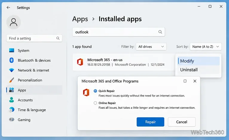 Страница установленных приложений Windows и параметры быстрого восстановления и онлайн-восстановления Microsoft 365.
