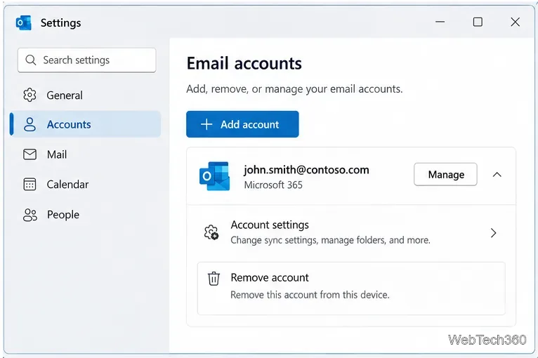 В новых настройках учетных записей электронной почты Outlook отображаются пункты «Управление» и «Удаление элементов управления учетной записью».